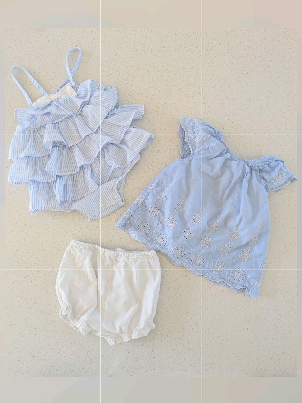Little Me Blue Striped Ruffle Tank & Light Blue Eyelet Top with White Bloomers